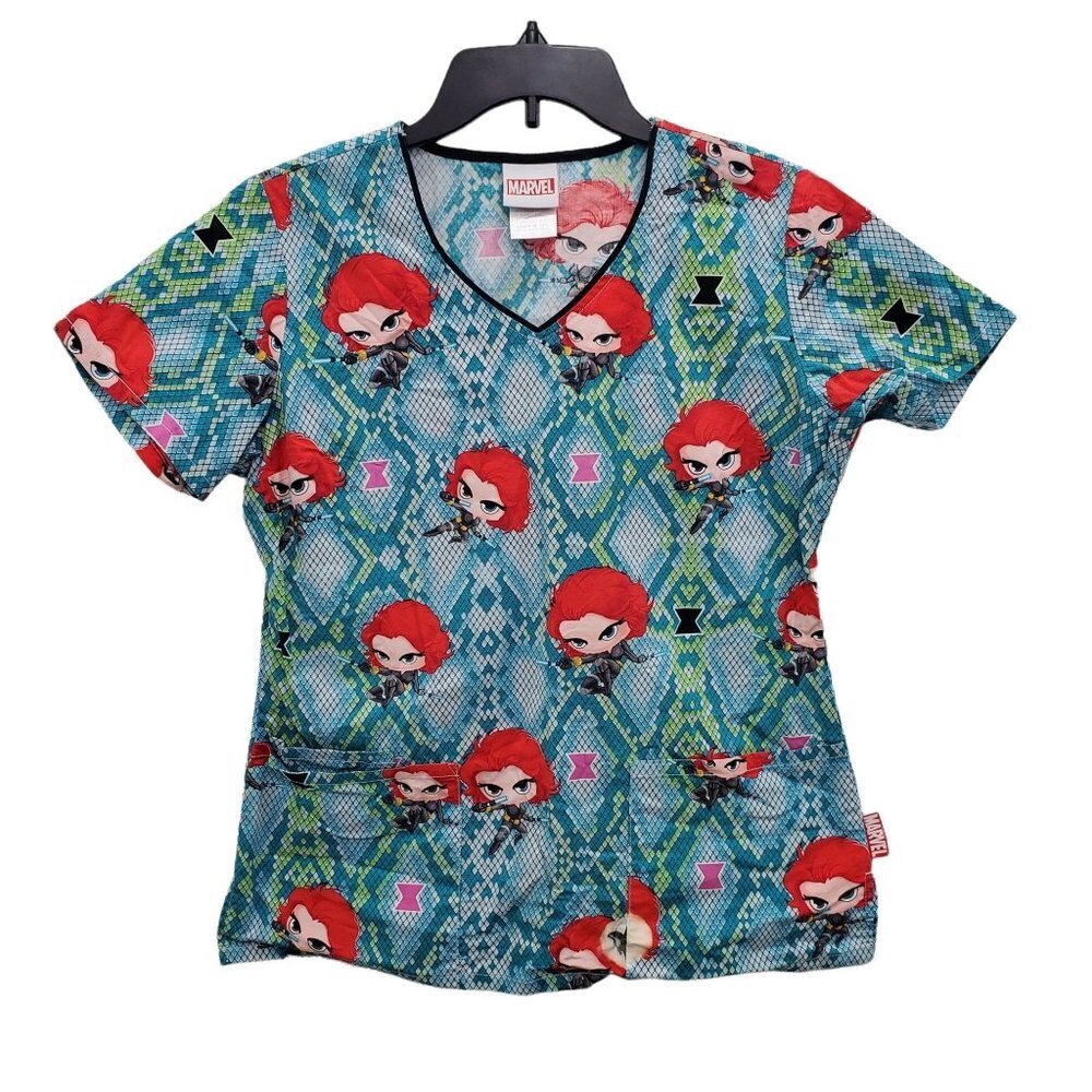 Marvel Women's Avenger's Black Widow Cute‎ Kawaii 3-Pockt Scrub Top Size S